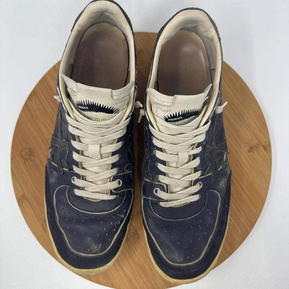 Premiata Clay 6907 Navy Leather Distressed Sneakers Mens Sz 45/12 Low Top Shoes